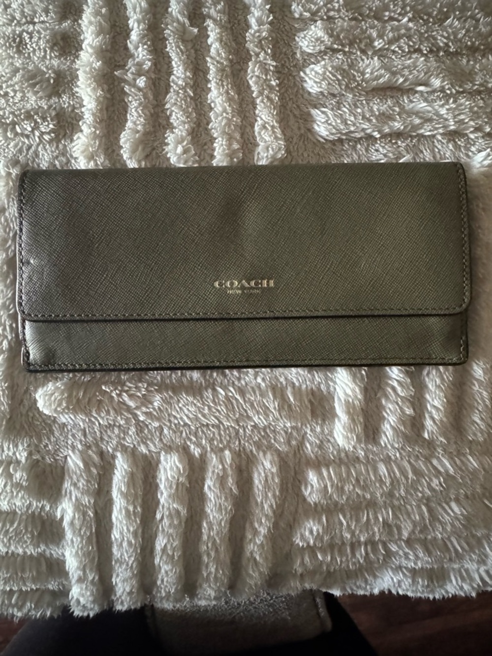 Coach Saffiano Leather Olive-Green Slim Wallet with Gold Logo Plate